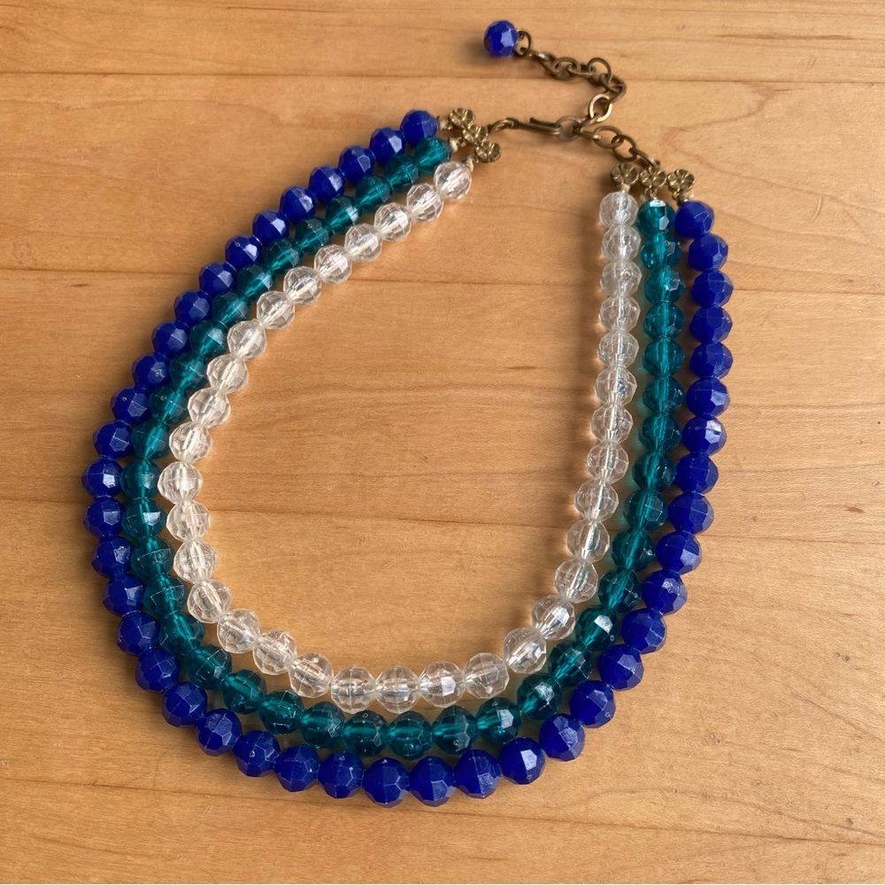 Vintage Choker 3 Strand Faux Crystal Bead Necklace Lightweight Blue Teal